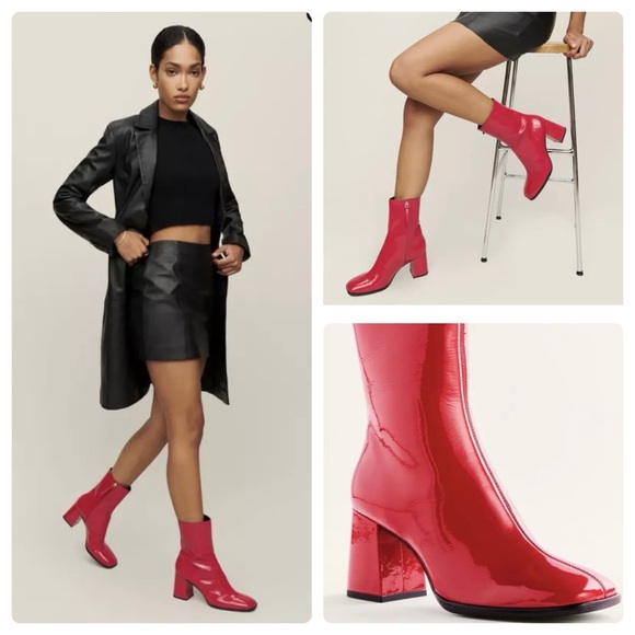 Reformation Shoes - Reformation Nari Red Patent Leather Square Toe Block Heels Ankle Boots size 7
